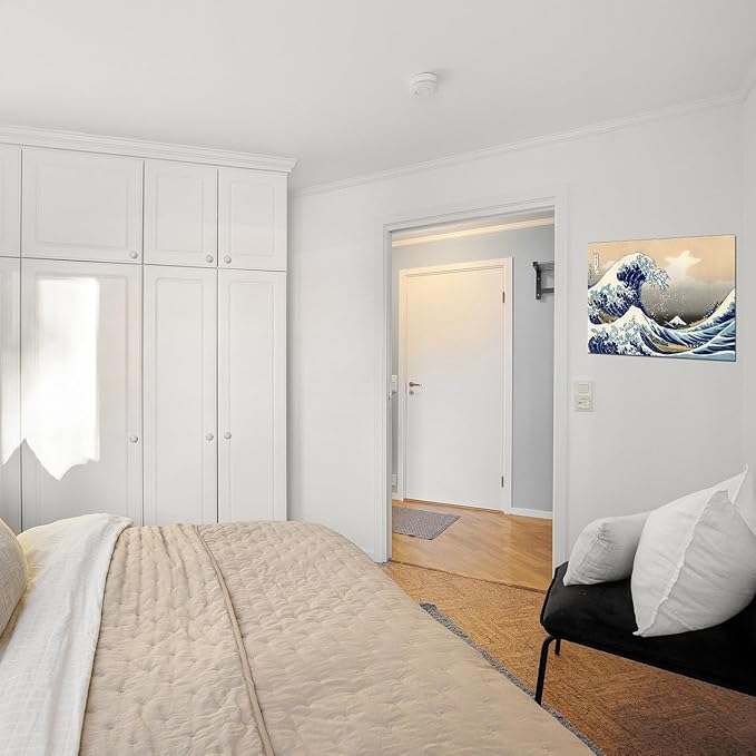 The Great Wave Off Kanagawa Japanese Bathroom Canvas Wall Art Famous Painting Print for Nursery Bedroom Boy's Room Kitchen Wall Decor Framed 12x16inch