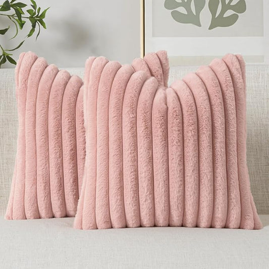 MIULEE Faux Fur Decorative Throw Pillow Covers 16x16 Inch Set of 2, Modern Spring Home Decor Soft Plush Couch Pillows Cozy Fluffy Cushion Covers for Sofa Bed Blush Pink