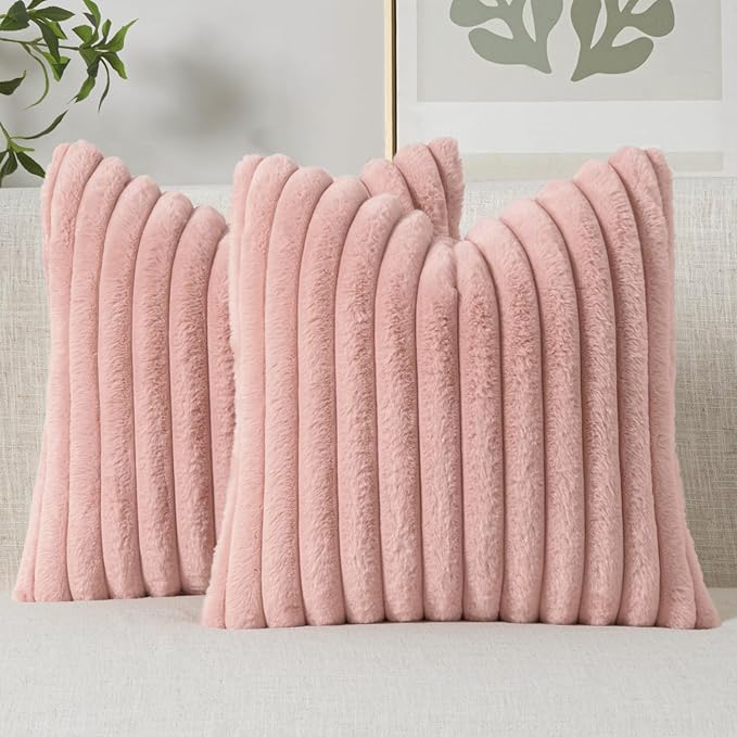 MIULEE Faux Fur Large Decorative Throw Pillow Covers 24x24 Inch Set of 2, Modern Spring Home Decor Soft Plush Couch Pillows Cozy Fluffy Cushion Covers for Sofa Bed Blush Pink