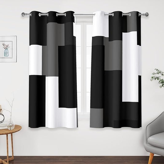 Black Grey Short Blackout Curtains 45 inch Length 2 Panels Set White Grey Modern Abstract Geometric Drapes for Kitchen Black Out Curtains Insulated Room Darkening Small Window Curtains, 42Wx45L