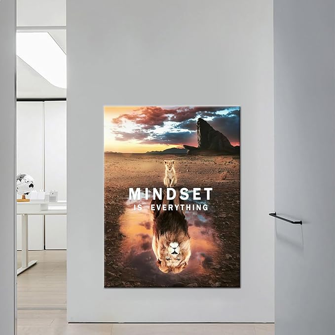 Motivational Canvas Wall Art Inspirational Poster Prints Mindset is Everything Small Cat Big Lions Picture Cute Animal Painting Framed Artwork for Home Office Decor Ready to Hang [30''W x 40''H]