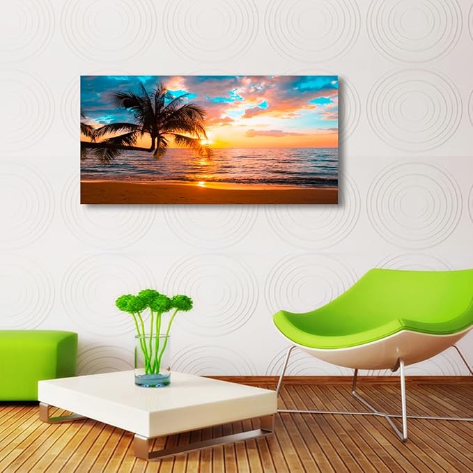 Beach Sunset Pictures Canvas Wall Art For Living Room Bedroom Wall Decor,Sunset Wall Art Print Paitnings For Home Decor,Morden Artwork Palm Cloud Canvas Art Waterproof Ready To Hang-24x48 Inches