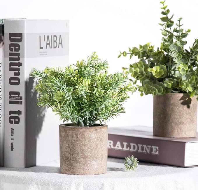Der Rose 3 Pack Mini Potted Fake Plants Artificial Plastic Eucalyptus Plants Topiaries for Home Office Desk Farmhouse Room Bathroom Decor