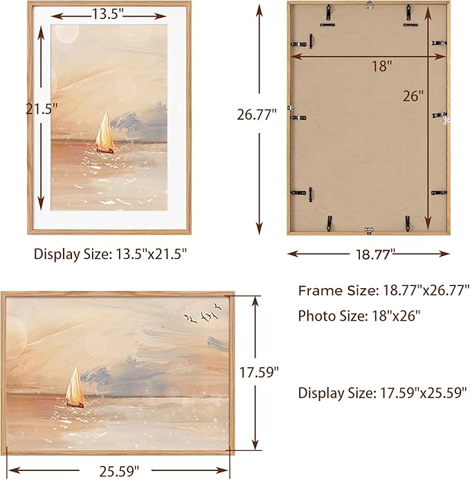 Natural Oak 18x26 Matted Frame with Real Glass for 14x22, Home Decor (1 Pack)