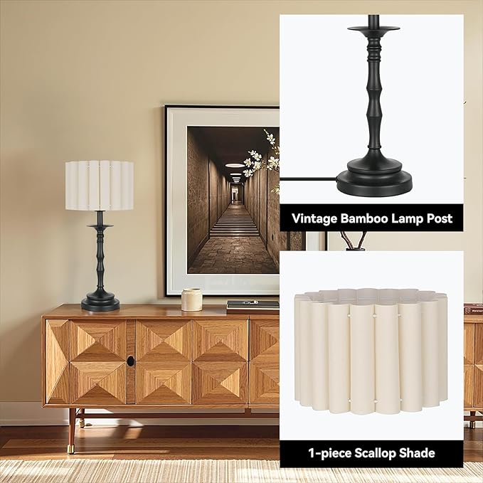Vintage Black Scalloped Table Lamp, Rustic/Farmhouse Pleated Lamp, Scalloped Lampshade and Bamboo Lamp Post, for Living Room Bedside Side Table