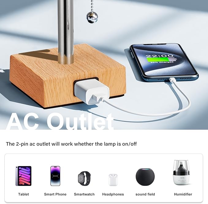 Table Lamp for Bedroom Set of 2 Nightstand - 3 Color Bedside Lamps with AC Outlets for Charging, Square Wooden Night Stand Light Lamp for Living Room, Office Desk