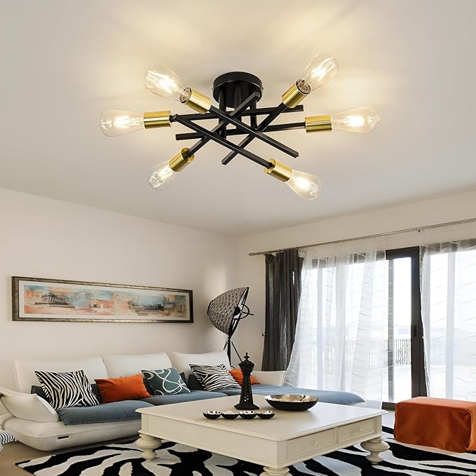 6-Lights Sputnik Semi Flush Mount Ceiling Light Fixture Modern Metal Black and Gold Chandeliers with E26 Bulb Base Close to Ceiling Light for Kitchen Dining Room Living Room Hallway Bedroom