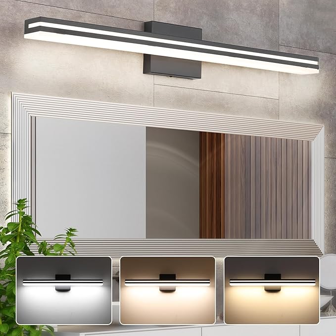 SineRise LED Modern Bathroom Vanity Light Bar (32-Inch, 3000K/4000K/6000K), Matte Black Dimmable Modern Acrylic Bathroom Wall Lighting Fixtures Over Mirror