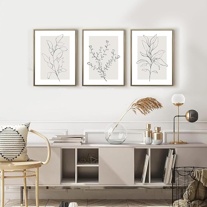 WRFON Neutral Botanical Canvas Wall Art, Minimalist Black Line Flower Poster Prints, Boho Beige Floral Wall Decor, Abstract Plant Leaf Aesthetic Picture for Bedroom Living Room Framed 12"x16"x3