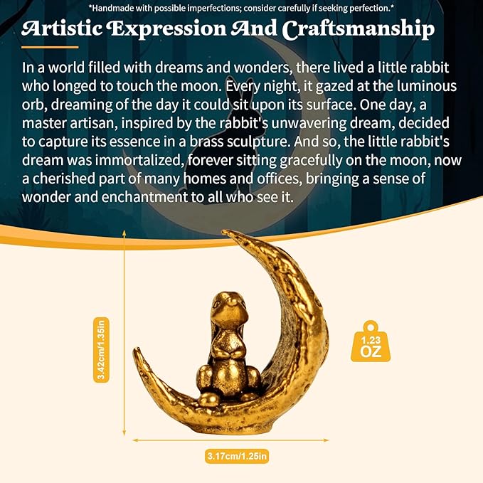 CHOVY Retro Handcrafted Moon Rabbit Sculpture - 100% Solid Brass Adorable Rabbit Sitting on Crescent Moon | Vintage Style Collectible Art Piece for Home & Office | Unique Gift for Lunar Lovers