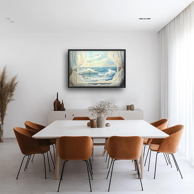 Beach Window Framed Wall Art for Living Room, Large Coastal Canvas Wall Decor, Window Curtains Pictures Framed Painting, Landscape Artwork for Bedroom Office Home Decor 36L'' × 24W''