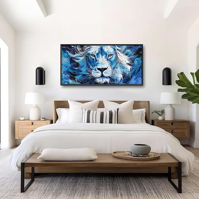 Framed Large Wall Art for Living Room, Lion Canvas Wall Decor, Blue Animal Pictures Painting, Modern Landscape Artwork for Bedroom Office 60L'' × 30W''