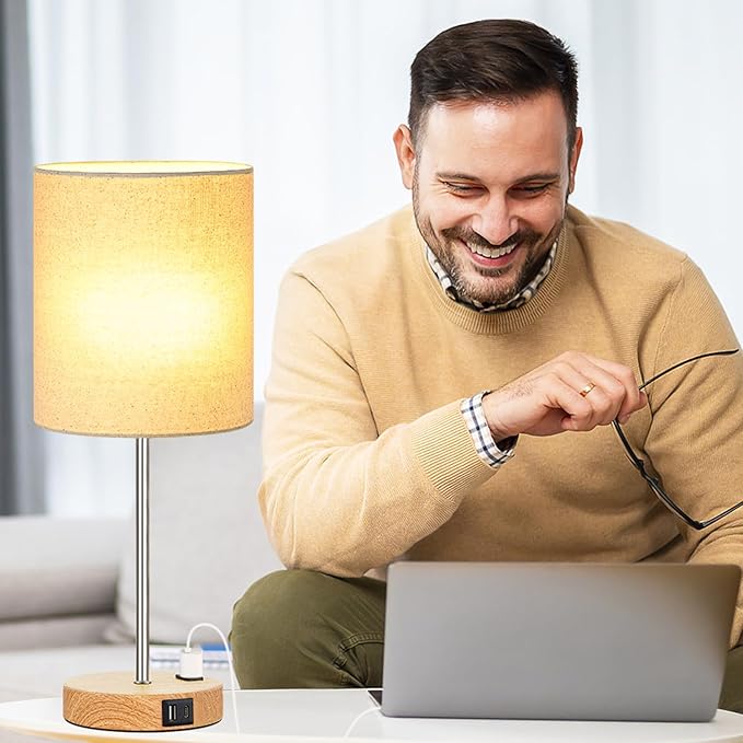 Lynnoland Touch Wood Table Lamps Set of 2, Bedroom Lamps with 2 USB AC Outlet, 3-Way Dimmable Bedside Nightstand Lamps for Bedroom Living Room Nursery, 800 Lumens 2700K Bulbs Included