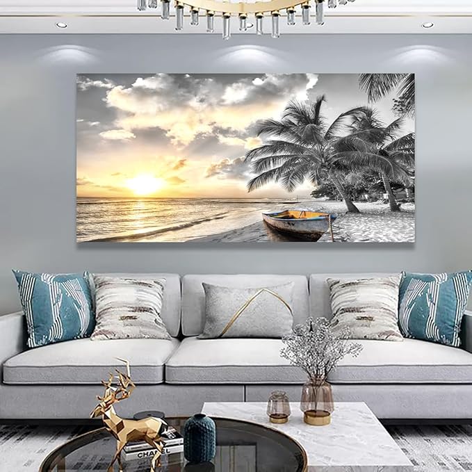 Black and White Beach Pictures Canvas Wall Art for Living room Bedroom Wall Decor,Seascape Wall Art Print Paitnings for home Decor,Morden Artwork Sunset Canvas Art Waterproof Stretched Ready to