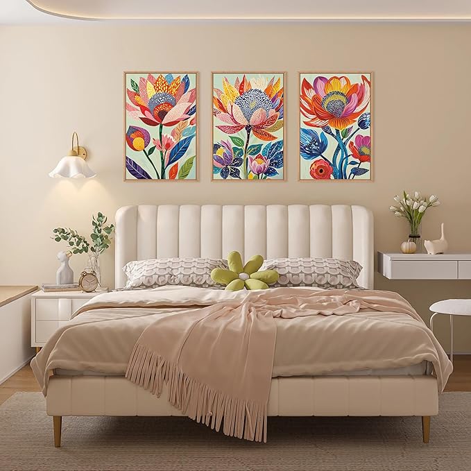 HPINUB Abstract Botanical Floral Framed Canvas Wall Art Set,Colorful Dot Art Modern Flower Wall Decor,Vibrant Blooming Flowers Artwork Eye-Catching Boho Art Print for Living Room,Bedroom-24 x36 x3