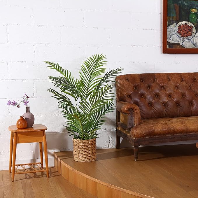 LOMANTO Fake Majesty Palm Plant 4Ft Artificial Plants for Home Decor Indoor Faux Palm Trees in Pot Fake Tropical Plants for Housewarming Gift 1Pack