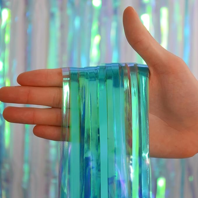 Melsan Foil Backdrops Birthday Decorations - 2 Pack 3.2 x 6.5 ft Tinsel Backdrop Foil Fringe Curtains for Frozen Under The Sea Birthdays Parties - Clear Blue 2 Packs