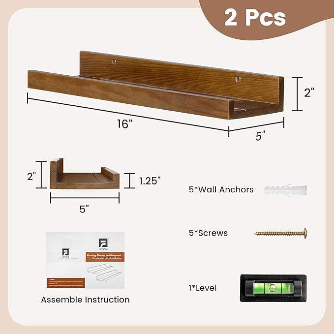 16 Inches Floating Shelves for Wall, Solid Pine Wood Picture Ledge Shelves, Walnut Wall Shelves with Lips, Nursery Book Shelves for Toys Storage Living Room Bedroom Photo Frames (2 Pcs, Walnut)