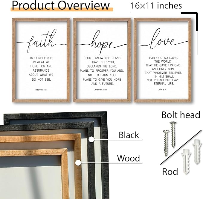 SRSZHIYUE Bible Verse Wall Decor Faith Hope and Love 16''×11'' Set of 3 Catholic Prayer Family Living Room Sign Farmhouse Scripture Quote Christian Minimalist Art Inspirational Wall Hanging (Wood)