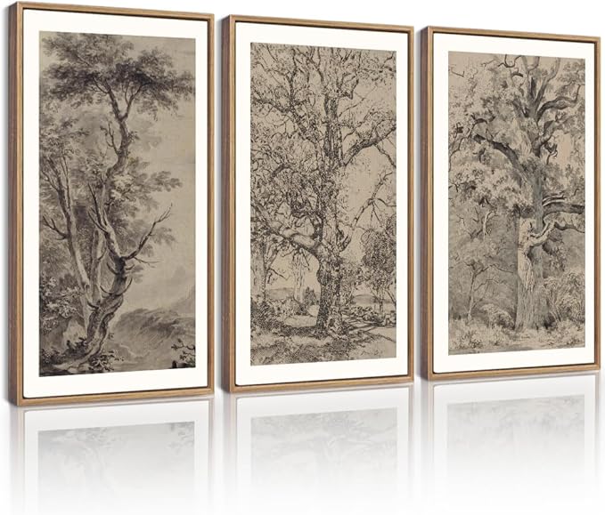 KUVIOKE Boho Vintage Tree Wall Art Framed Neutral Retro Forest Art Prints Antique Rustic Nature Wilderness Paintings Bedroom Hallway Decor 16x24in (Natural Framed)