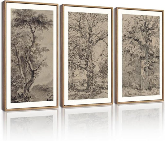 KUVIOKE Boho Vintage Tree Wall Art Framed Neutral Retro Forest Art Prints Antique Rustic Nature Wilderness Paintings Bedroom Hallway Decor 16x24in (Natural Framed)