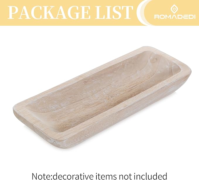 Romadedi Decorative Bowls for Home Decor - 16" Wooden Dough Bowl for Decor, Large Wood Bowl for Kitchen Table Centerpieces Long Narrow Wooden Tray for Dining Table Whitewashed