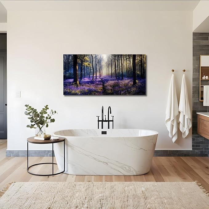 crmotu Purple Landscape Wall Art, Lavender Flower Field Large Artwork, Nature Forest Scenery Canvas Art Prints, Modern Pictures wall Decor Living Room Bedroom, Rustic Farmhouse Decor 20X40 Inches