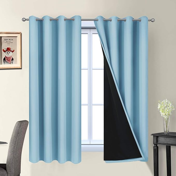 Yakamok 100% Blackout Curtains Energy Saving Thermal Insulated 2 Thick Layers Completely Blackout Drapes with Black Liner for Bedroom (52Wx63L,Sky Blue, 2 Panels)