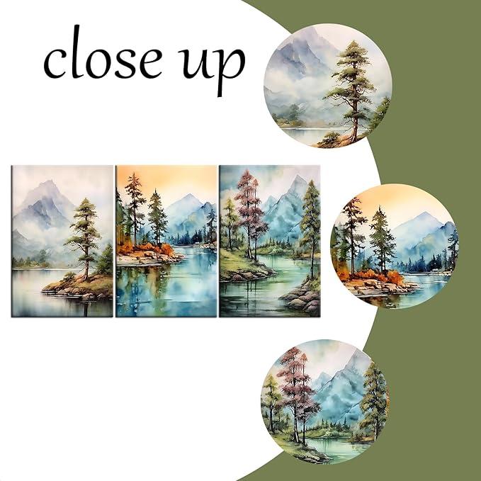 Forest Canvas Wall Art Home Decor 3 Piece Wooden Framed Landscape Watercolor Mountain Green Trees Painting Poster HD Picture Print Artwork for Bedroom Living Room Hotel Ready to Hang [48''Wx24''H]