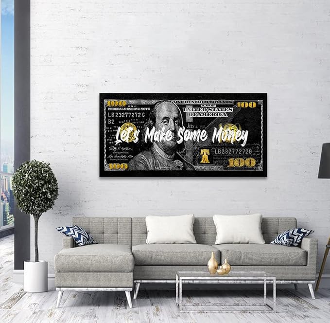 Large Size Money Canvas Art Obsidian Franklin 100 Dollar Art Print with Motivational Positive Quotes Verbs let's Make Some Money Office Home Wall Decor Framed Easy to Hang-48 inch x 24 inch