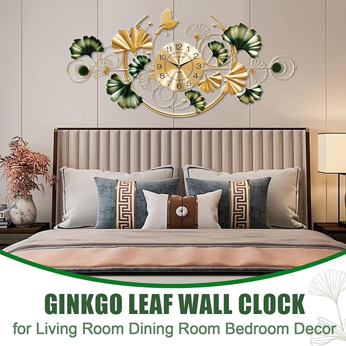 Big Wall Clock, Unique Ginkgo Leaf Decorative Wall Clocks, Luxury Metal Gold Flower Wall Decor, Silent Non-Ticking Oversized Clock for Wall, for Living Room Bedroom Kitchen Office(39.4X19.7In)