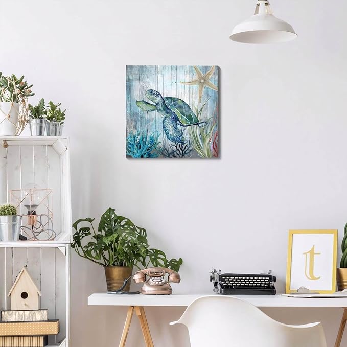 14x14 Inch Sea Turtle Bathroom Wall Decor Modern Canvas Ocean Theme Art Blue & Green Coastal Wall Pictures for Bedroom/Home/Office/Kitchen Waterproof Ultraviolet Resistant Framed Canvas