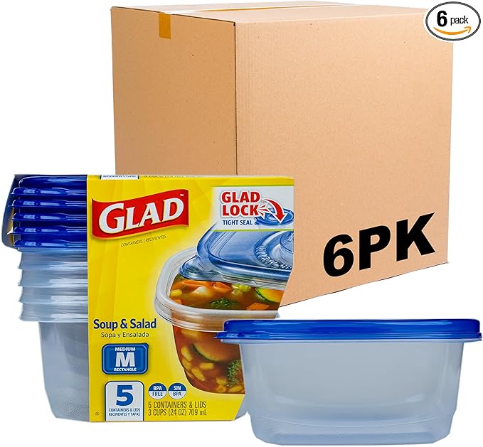 Glad GladWare Soup & Salad Food Storage Containers - Medium Rectangle - Meal Container Holds up to 24 Ounces of Food - Lock Tight Seal, 5 Count - 6 Pack