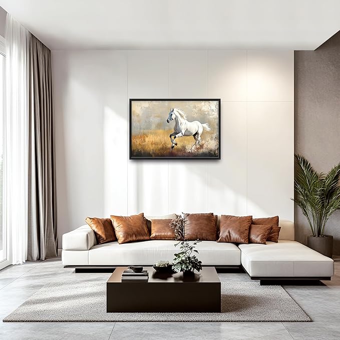 Extra Large Framed Horse Wall Art,Oversized Rustic Horse Running Wall Decor, Vintage Wild Animal Field Pictures for Living Room,Canvas Print Painting Modern Artwork Bedroom Office 36L"x24W"