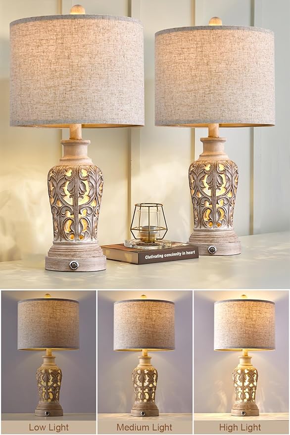 OYEARS 21.75’’Touch Control 3-Way Dimmable Table Lamp Set of 2, Retro Farmhouse Lamp with USB A+C Port, Vintage Nightlight Lamp for Living Room Bedroom Office, (Including 2 Bulbs)