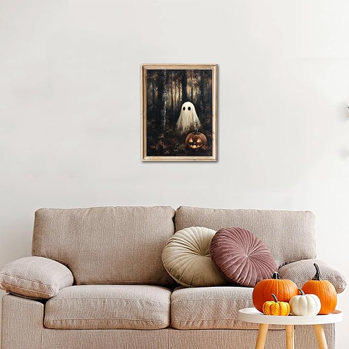 RETRART Vintage Halloween Ghost Wall Decor Pumpkin Head Wall Art Print 11x14 inch Horror Decor, for Bedroom, Kitchen Spooky Wall Decor, Moody Fall Forest Gallery Style Canvas Picture -Unframed