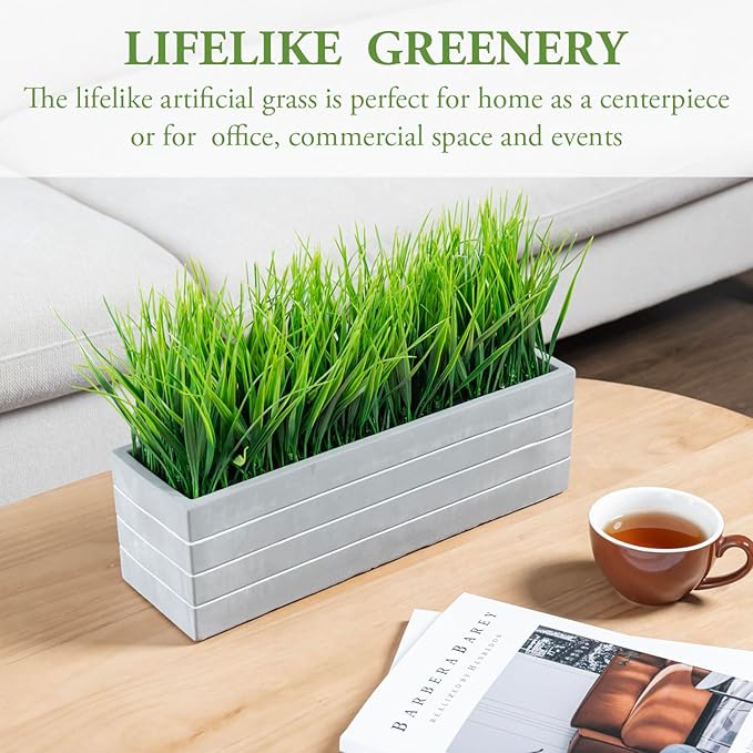 MyGift 15 Inch Artificial Green Grass Plants Potted in Ribbed Gray Concrete Planter Box, Tabletop Faux Greenery in Rectangular Cement Pot Centerpiece Décor