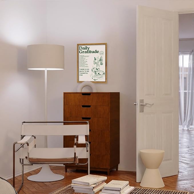 Framed Retro Poster for Room Aesthetic, Vintage Green Inspirational Quotes Canvas Wall Art, Daily Gratitude Posters for Room Aesthetic, Cute Sunflower Butterfly Retro Wall Decor for Bedroom,