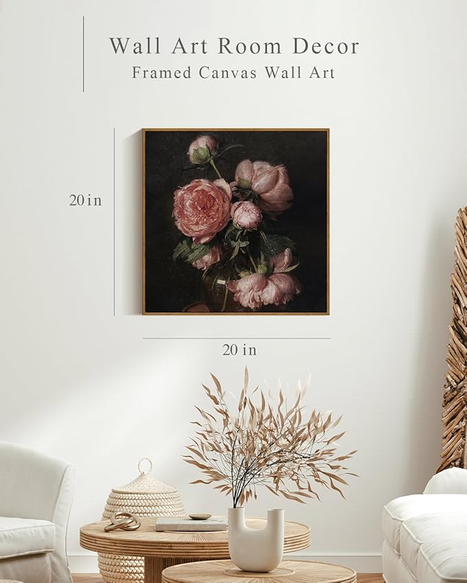 InSimSea Square Framed Canvas Wall Art, Large Decor Vintage Peony Flower Paintings, Floral Wall Pictures for Bedroom Bathroom Living Room, Canvas Prints Artwork, Farmhouse Decor 20"x20"