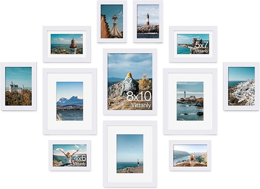 Vittanly Picture Frames Collage Wall Decor for Mounting or Tabletop Display, Gallery Wall Frame Set for Family, Multi Sizes Including 4pcs 8x10, 4pcs 5x7, 4pcs 4x6, White
