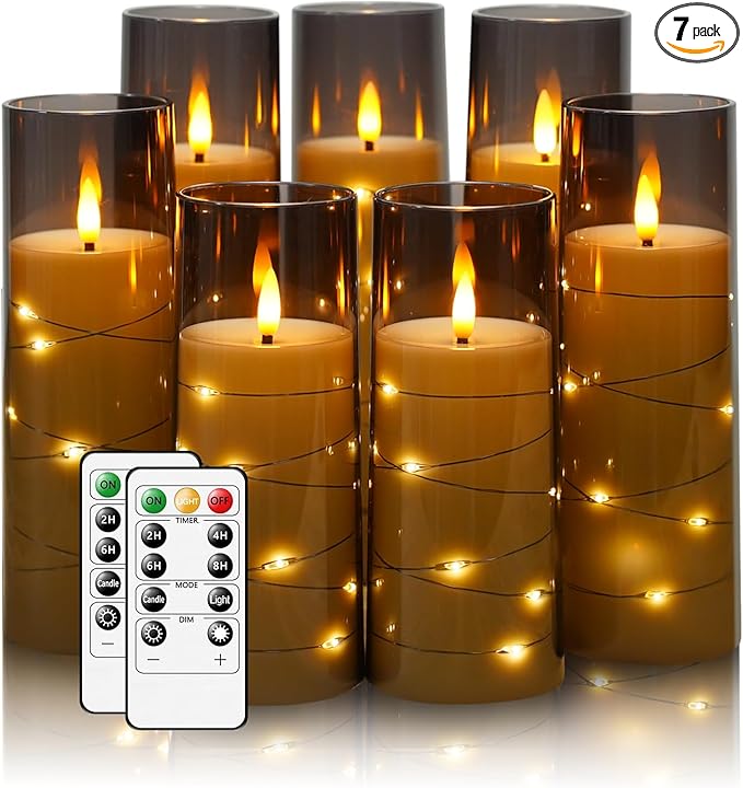 Flameless Candles,with Embedded Star String, Battery Operated Candles Flickering LED Pillar Candles with Remote Control and Timer, Home Decoration Add a Warm and Romantic Atmosphere，Set of 7 (Grey)