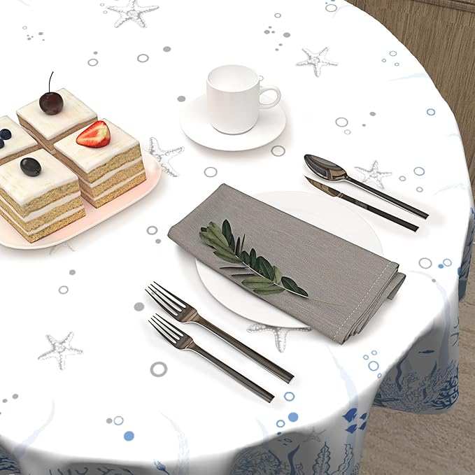 Summer Coastal Table Cloth Round 60 Inch Blue Ocean Coral Tablecloth Round Nautical Coastal Round Table Cloths Farmhouse Beach Theme Wallpaper Decoration for Home Kitchen Dining Room Party Picnic