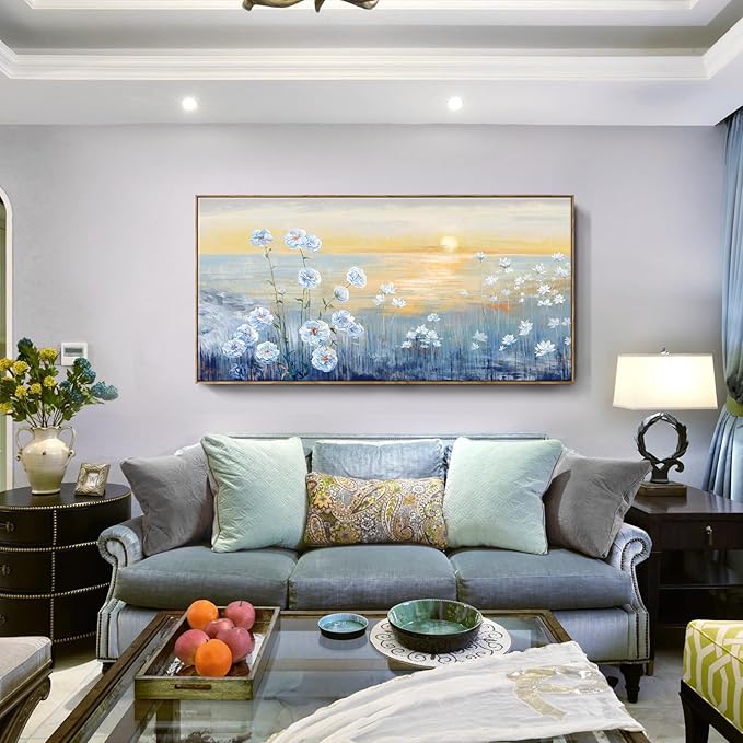 Blue Ocean Sunset Framed Wall Art Abstract Coastal Wild Flowers Beach Picture Sunrise With Yellow Orange Sky Natural Seascape Canvas Print White Wildflowers Sea Landscape Seaside Artwork 30x60inch