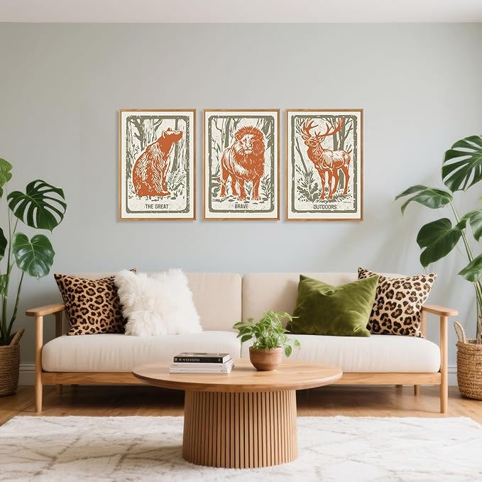 HPNIUB Cartoon Forest Animals Framed Canvas Wall Art Set, Modern Abstract Jungle Deer Bear Lion Wall Decor, Inspirational Quote Wall Painting, Boho Art Print for Preppy Room, Living Room, Bedroom - 16"x24"x3