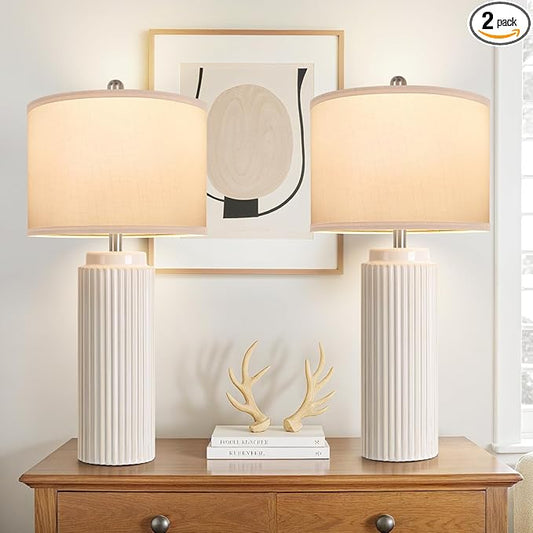 28’’ Farmhouse Ceramic Table Lamps Set of 2 for Living Room, Cream Vintage Bedside Table Lamps with White Linen Shade, Rustic Nightstand Lamps for Bedroom Home Office End Table Dorm