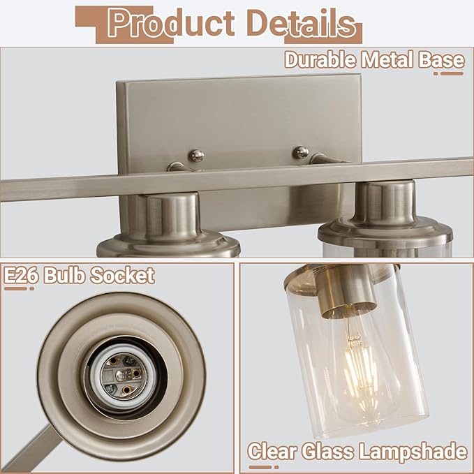 LOUSACE 6 Light Bathroom Vanity Light, Brushed Nickel Bathroom Light Fixtures, Modern Bathroom Lights over Mirror with Clear Glass Shade, Wall Vanity Lighting Fixtures for Bathroom Bedroom Living Room