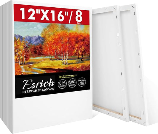 ESRICH 12x16 Stretched Canvas for Painting, 8 Pack Blank Canvases for Painting -5/8 in Profile Primed Cotton Painting Canvas for Oil & Acrylic Paint