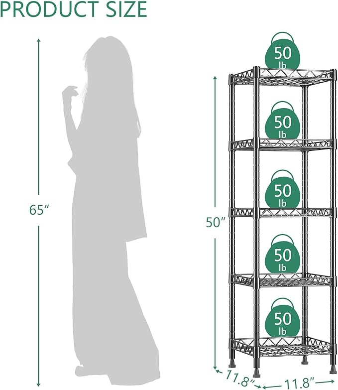 GIOTORENT 5 Tier Standing Shelving Metal Units, Adjustable Height Wire Shelf Display Rack for Laundry Bathroom Kitchen 11.8 W x 11.8 D x 50 H (5-Tier, Black)