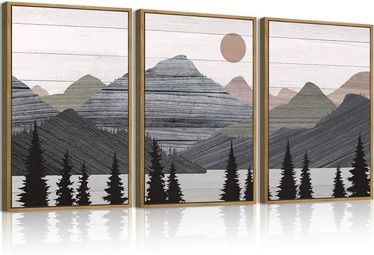 ANHUIB Mountain Framed Wall Art 16x24 Inch Large Nature Wilderness Art Print Abstract Landscape Painting Set of 3 for Living Room Bedroom Office