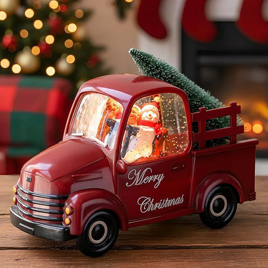 Snowman Christmas Snow Globes Red Truck Carrying Christmas Tree Water Lantern, 8 Christmas Music, Holiday Decorations Gifts for Family, Children or Friends